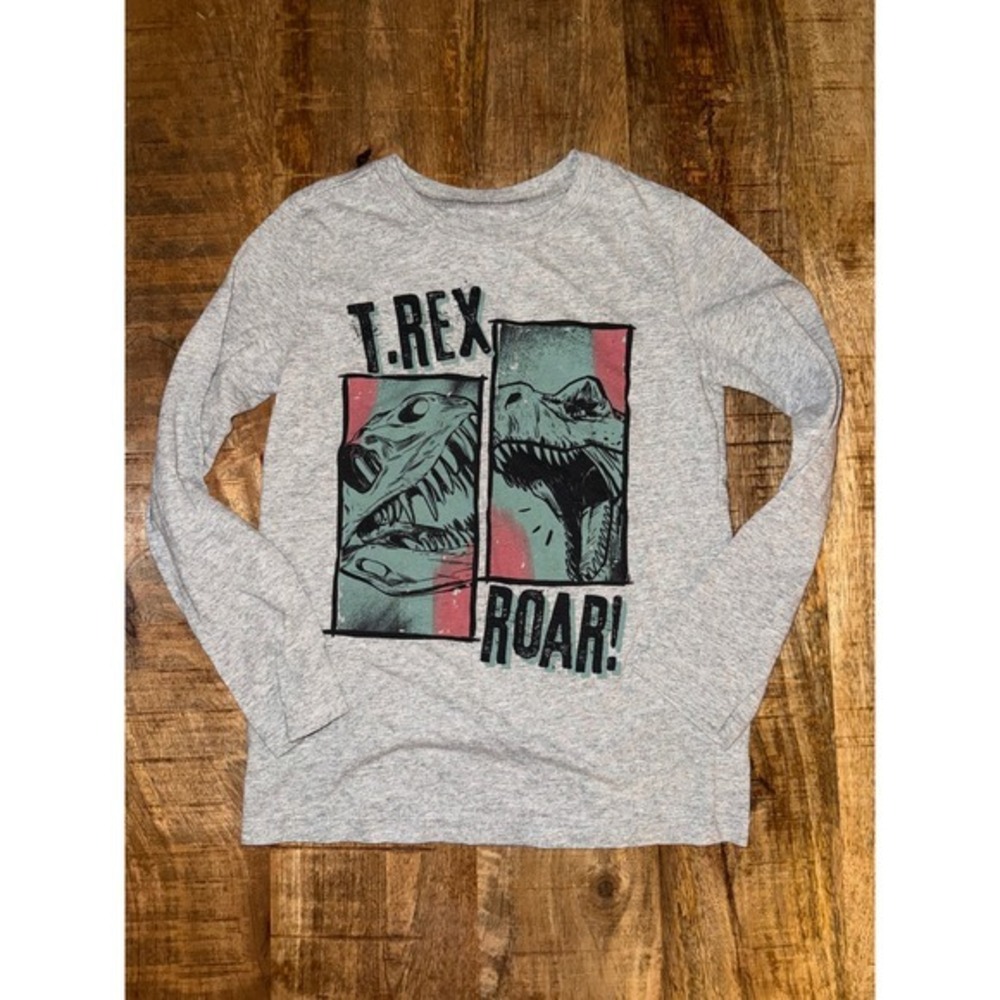 OshKosh B'gosh Boys Gray T-Rex Roar Dinosaur Long Sleeve Graphic Tee Size 6/6A